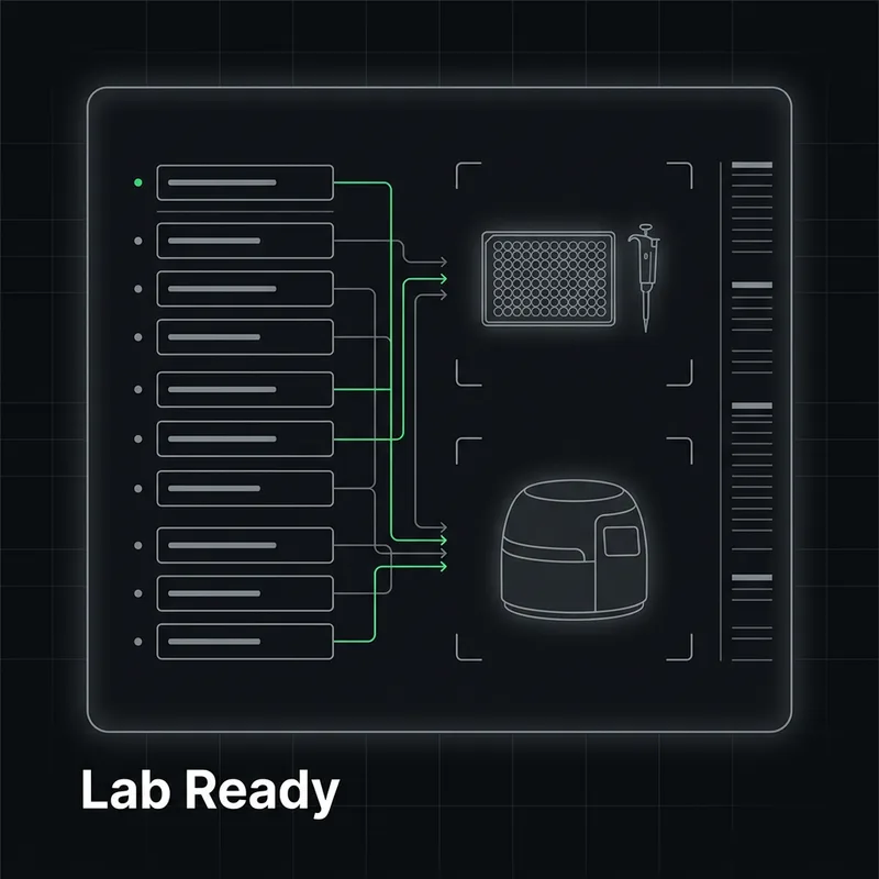 A protocol step list routing into two destinations, a well plate with a pipette and an automated instrument, each bounded by constraint brackets.