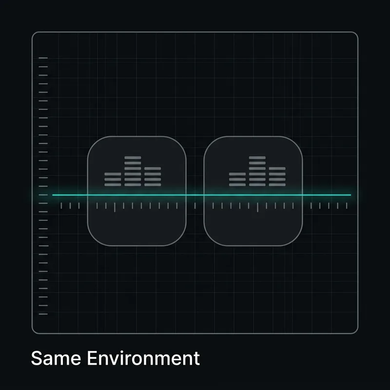 Two identical enclosures holding the same stack of layers, with one unbroken line running straight through both.