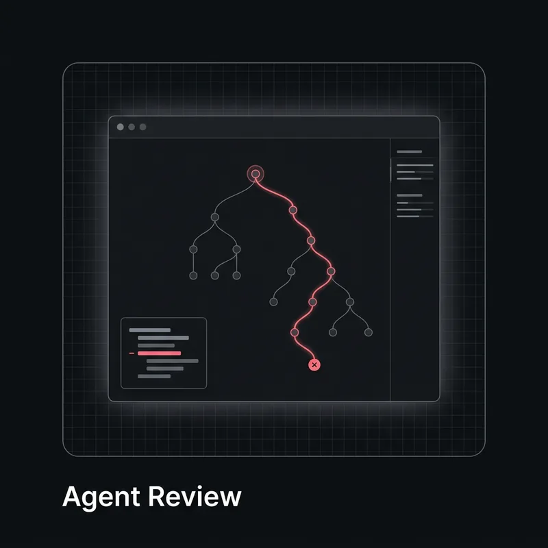A dependency tree with a failure at one leaf and a lit path traced back to the ringed origin node, beside a small proposed patch.