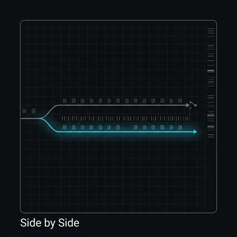 One incoming stream splitting into two parallel lanes carrying the same work, a difference strip between them, and a routing gate still set to the current lane.