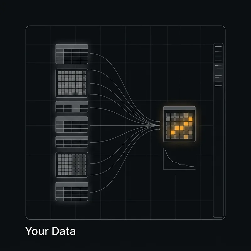 Assorted data tables and assay plates funnelling into a model block whose weights are partly rewritten, above a descending training curve.